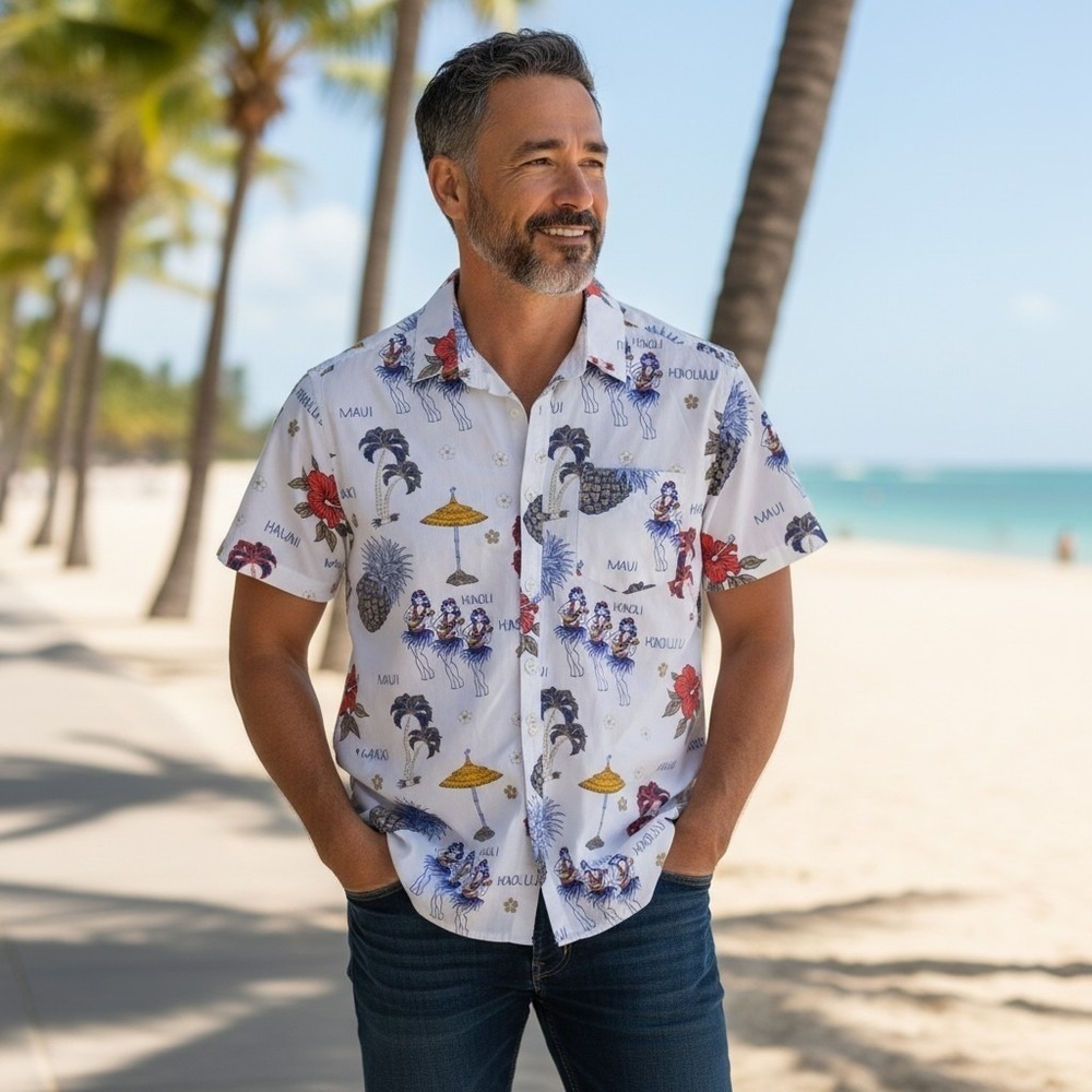 Cactus Man Slim Fit Floral Coastal Hawaiian Shirt White Hula Girls Pineapple L